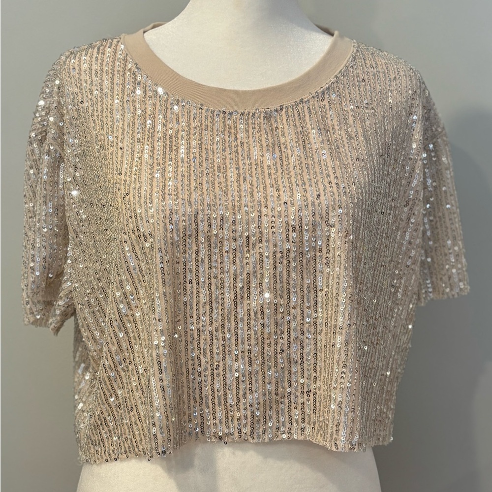 UO West Sequin Cropped Party Boho Hipster Tee